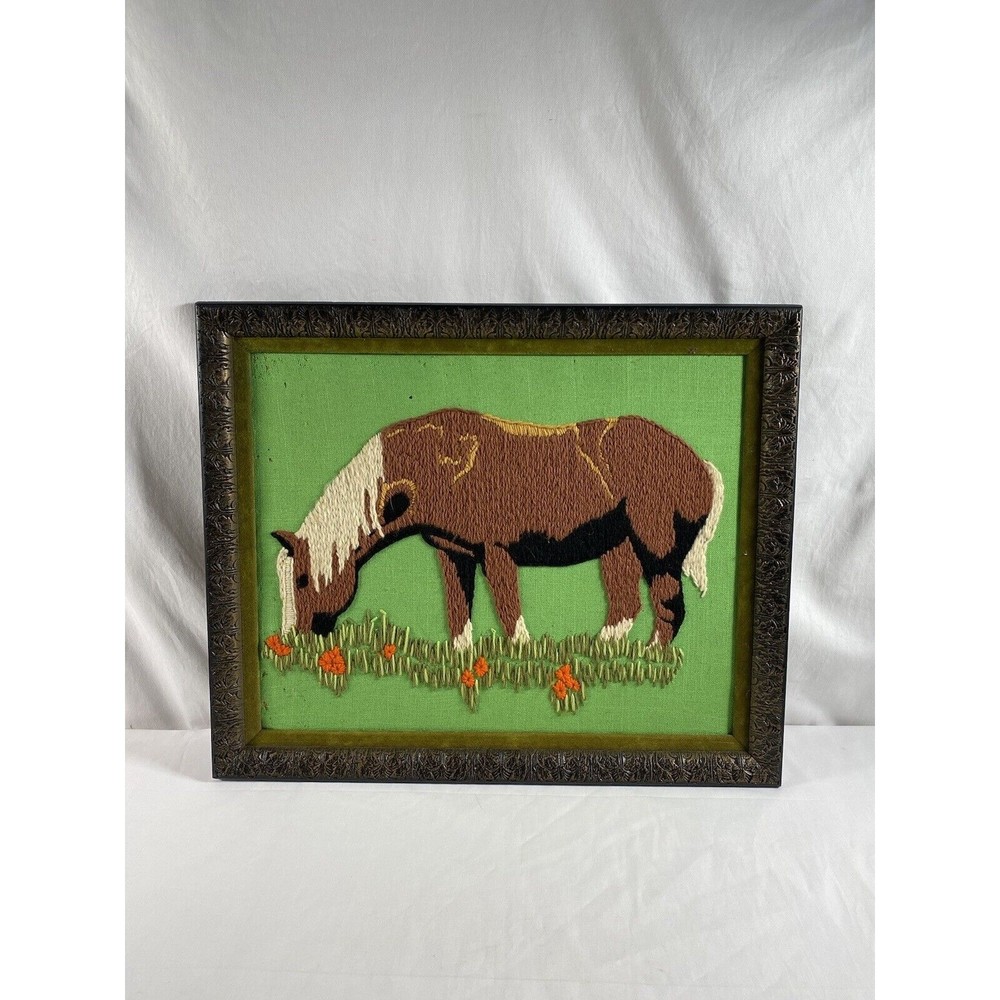 Vintage Large Needlepoint Handmade Completed Horse On Grass Framed 23”*19” READ